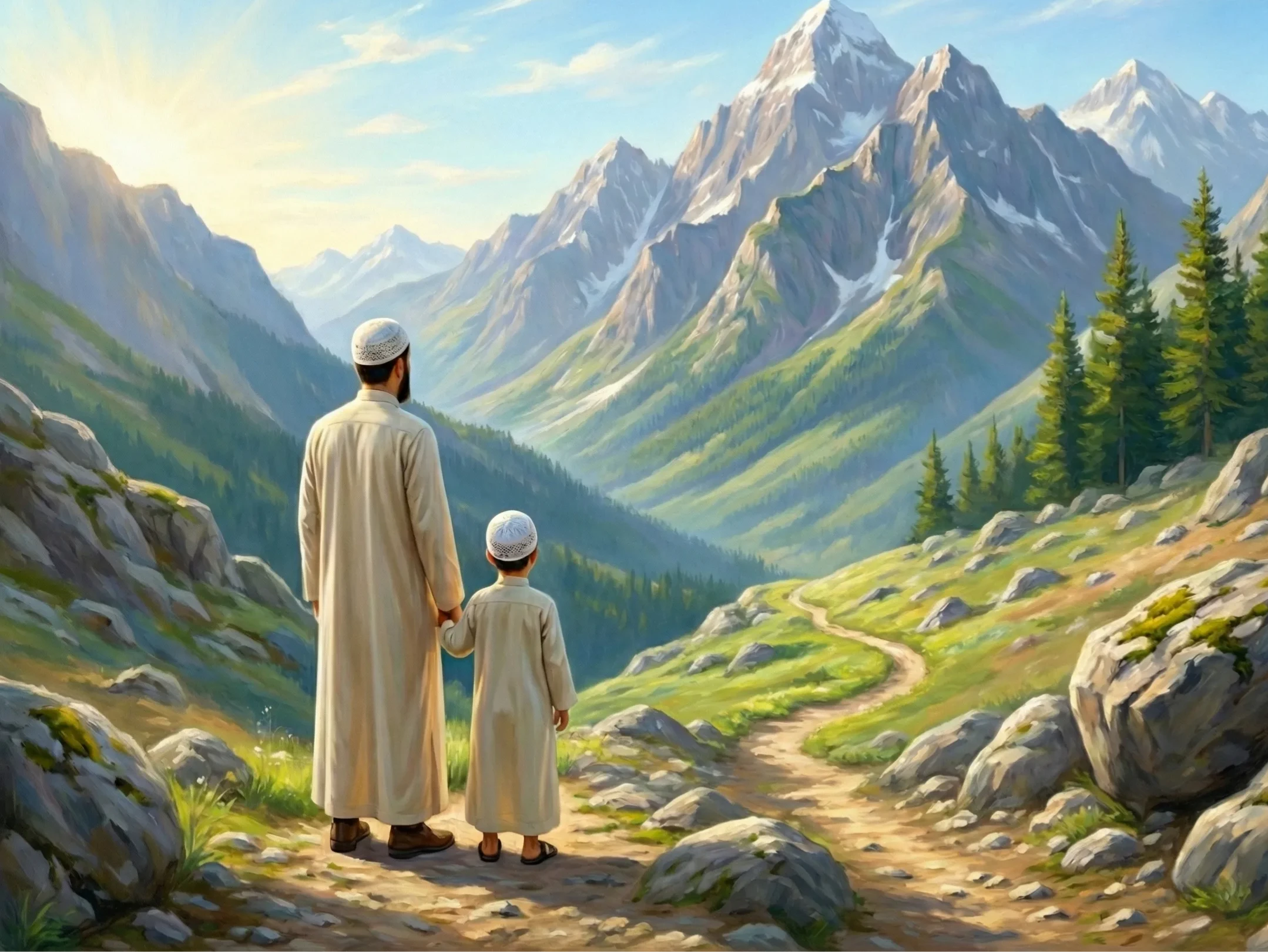 A wide shot of a young boy (Ibrahim, featureless face, Islamic clothing) walking with an adult figure (father, back turned or featureless face, Islamic clothing) on a clear path at the base of large, beautiful mountains under a sunny sky.