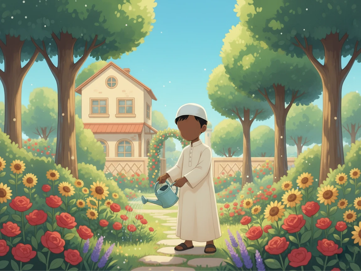 A peaceful garden scene with bright flowers, green trees, and a clear sky. A young boy, Ibrahim, with featureless face, is gently watering plants with a small watering can. The sun is shining brightly.
