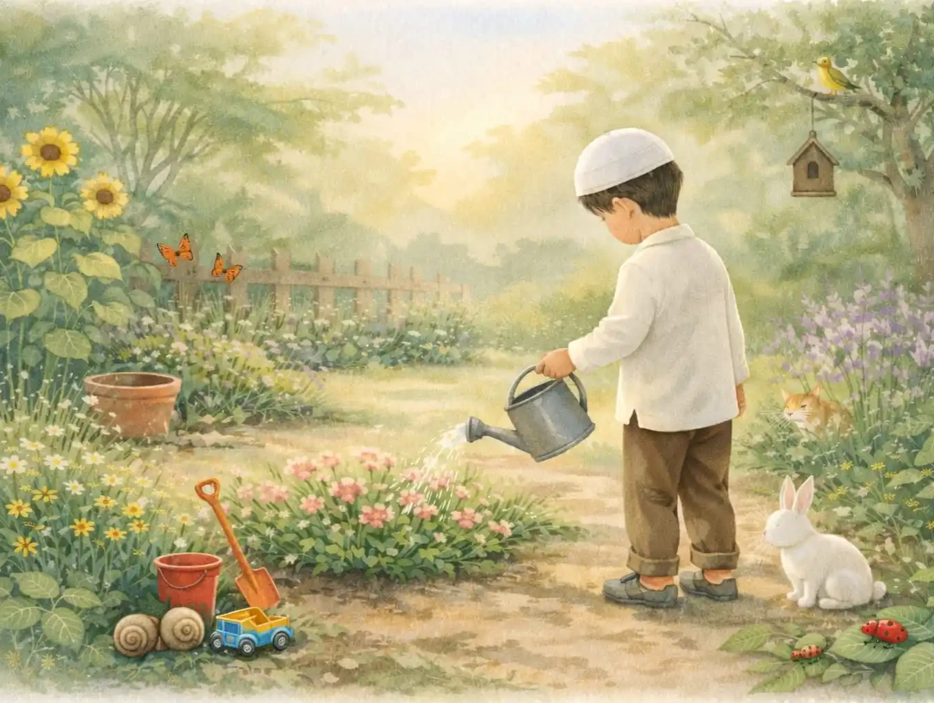 A peaceful garden scene with bright flowers, green trees, and a clear sky. A young boy, Ibrahim, with featureless face, is gently watering plants with a small watering can. The sun is shining brightly.