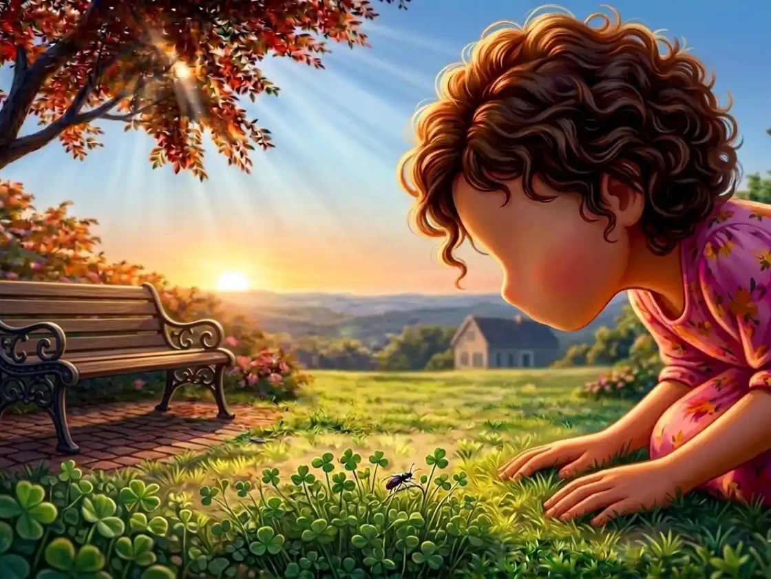 Girl kneeling in warm garden, face close to grass, tiny beetle visible, golden hour light, soft blur background, calm and intimate.

