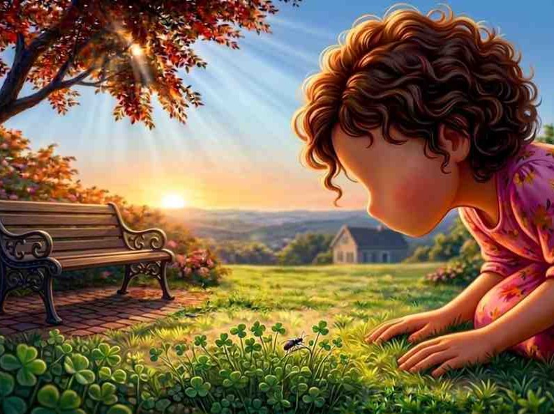 Girl kneeling in warm garden, face close to grass, tiny beetle visible, golden hour light, soft blur background, calm and intimate.