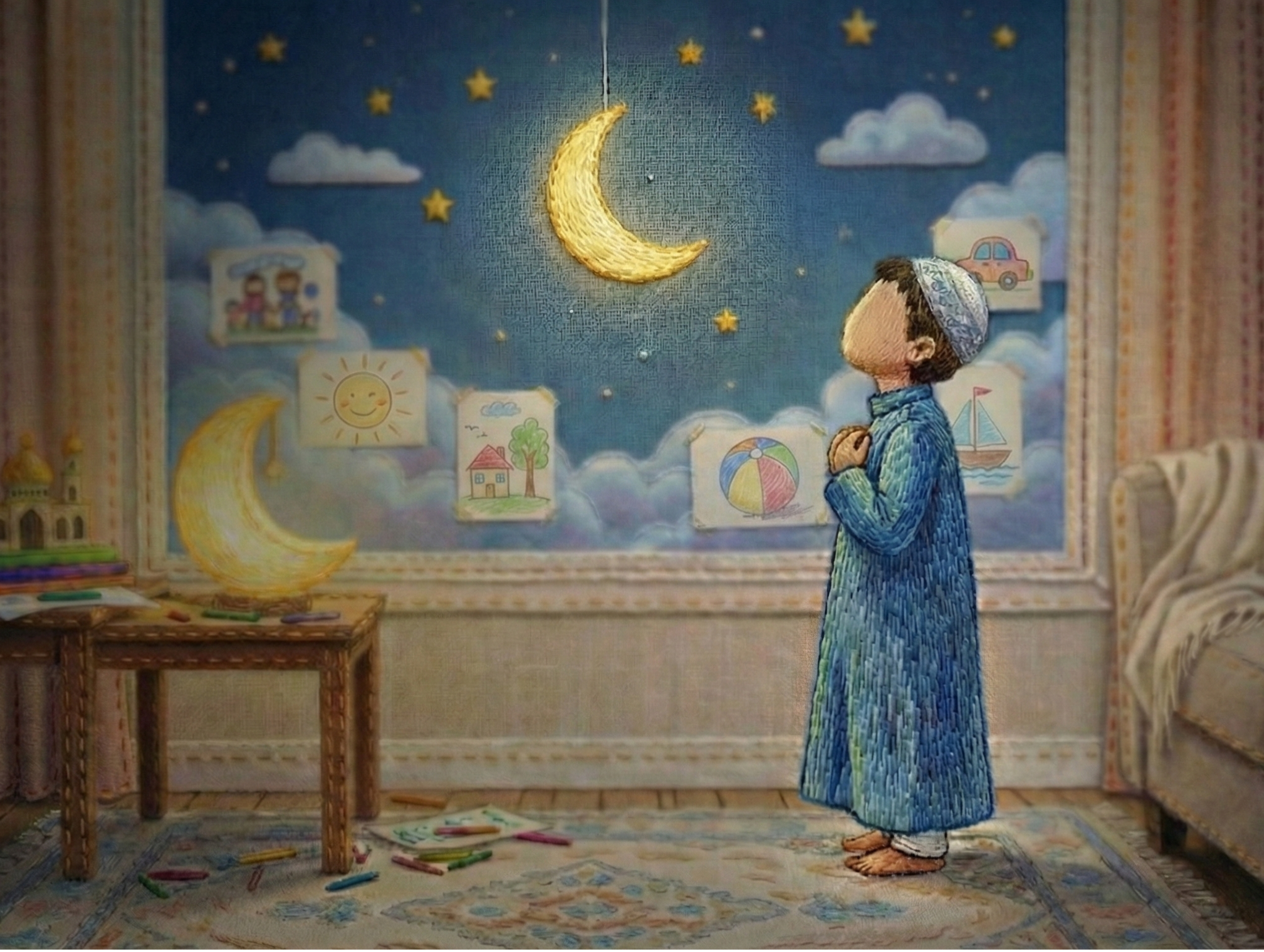 Interior home scene at dusk, soft warm lamp glow. A modest Muslim family living room. Qur’an placed respectfully on a small stand in the background. Young child standing near window looking at calm night sky. No facial features. Soft 3D watercolor style, layered shading, warm evening tones, gentle hand-painted texture, no outlines, natural modest clothing, peaceful atmosphere.
