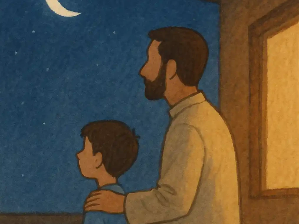 Evening sky with a soft silver crescent; child standing near a window beside his father; warm indoor lighting; calm rooftop silhouettes; hopeful mood; no faces shown.