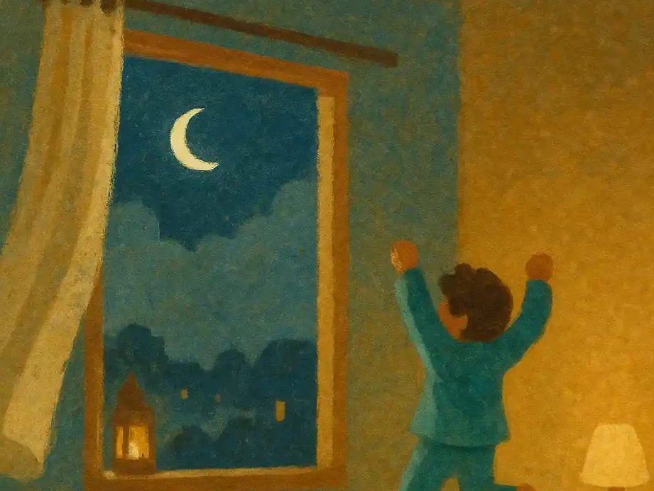 Gouache-paper hybrid painting of a night sky with a thin crescent moon glowing softly. Warm window light from a modest home below. A little faceless boy in teal pajamas is seen from behind through the window, jumping with excitement. Paper grain texture, gentle night calm with a sense of joy.