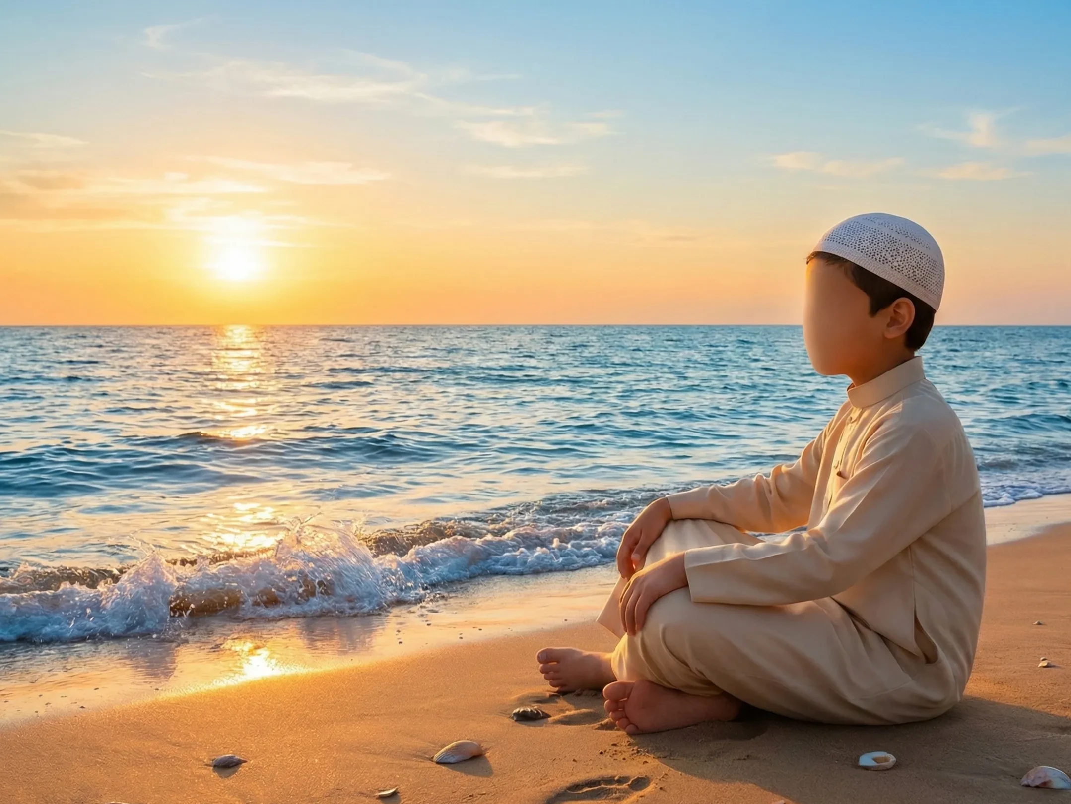 A young boy, Yusuf, with generic features and modest clothes, sitting on a sandy beach. Gentle blue waves are calmly reaching the shore. The scene evokes peace and contemplation. No faces shown.
