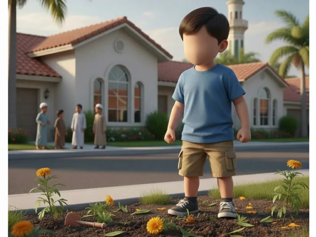 A young boy, Zayd (age 6-8, generic features), looking upset and clenching his fists, standing by a trampled flowerbed with a few crushed marigold sprouts. In the background, a house in a peaceful Muslim neighborhood.