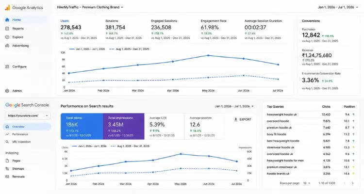 Google Analytics and Google Search Console dashboard showing premium clothing brand SEO performance, organic traffic growth, conversions, and website analytics