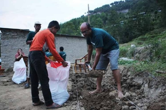 Building an earthbag foundation in Dolakha