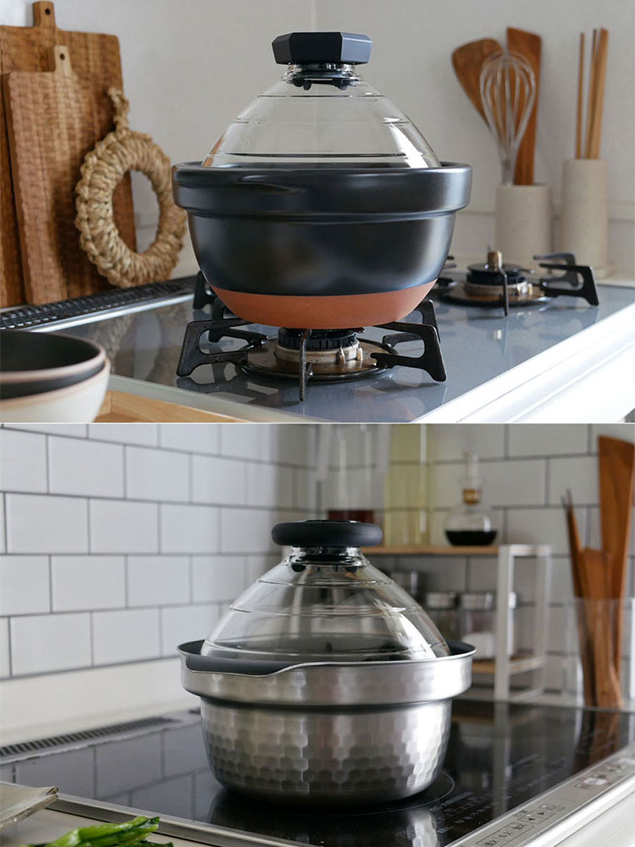 HARIOのIH対応ご飯釜「雪平」。ガラス製の蓋とステンレス・アルミ鍋身を備えたキッチン家電