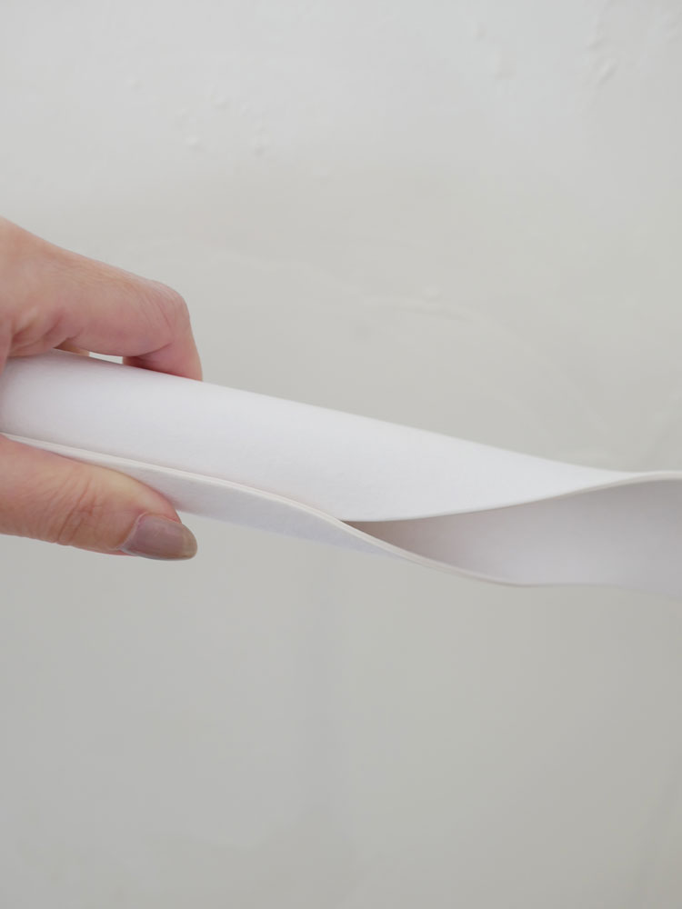 MOHEIM/モヘイムのシューホーンを指と親指で持ち、プラスチックと紙を背景にした画像