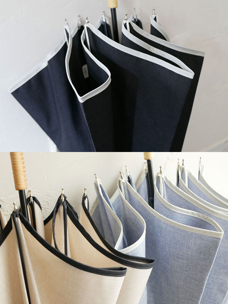 ビコーズのプレーンパイピング傘、ラタンとレザーのハンドルを持つポリエステル製防水生地の手開き晴雨兼用タイプ