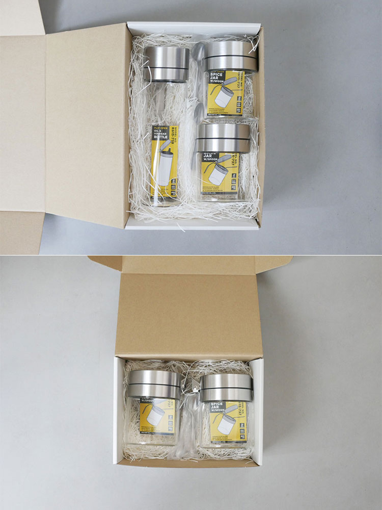 DULTONブランドの500mlオイル＆ヴィネガーボトルとステンレス製スパイスジャー2個がセットになったギフトパッケージ