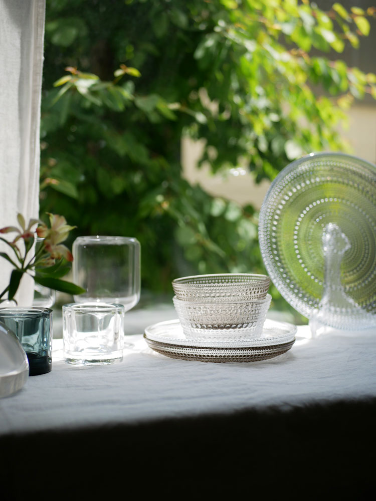 イッタラ カステヘルミの無鉛ガラス製プレート。フィンランド製で17cmと24.8cmのサイズがあり、食洗機対応のテーブルウェアセット