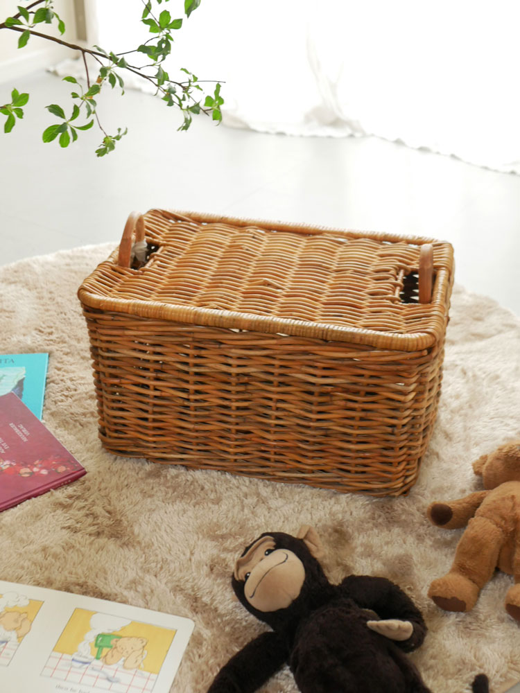 Creer/クレエの運べる皮つきラタン製収納バスケット、サイズ約500×350×350mm