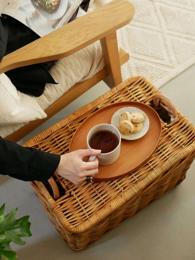 Creer/クレエのインドネシア製皮付きラタン運べる収納バスケット、サイズ約W500×D350×H350mm