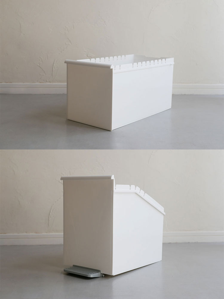 ライクイット製スイングパネルダストボックス、木材とグレーのプラスチックで作られた2段収納ボックス