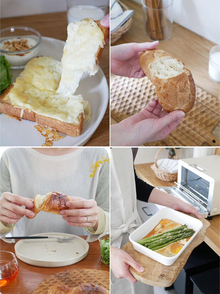 BALMUDA（バルミューダ）のThe Toaster Proがテーブル上に置かれ、パンや調理器具と共に朝食の準備が整っている様子