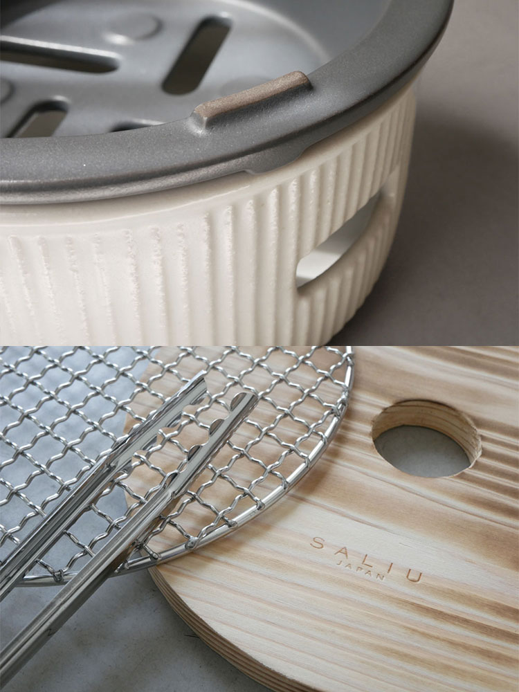 サリューの美濃焼炭焼き水コンロとトング、焼網などの調理器具セット