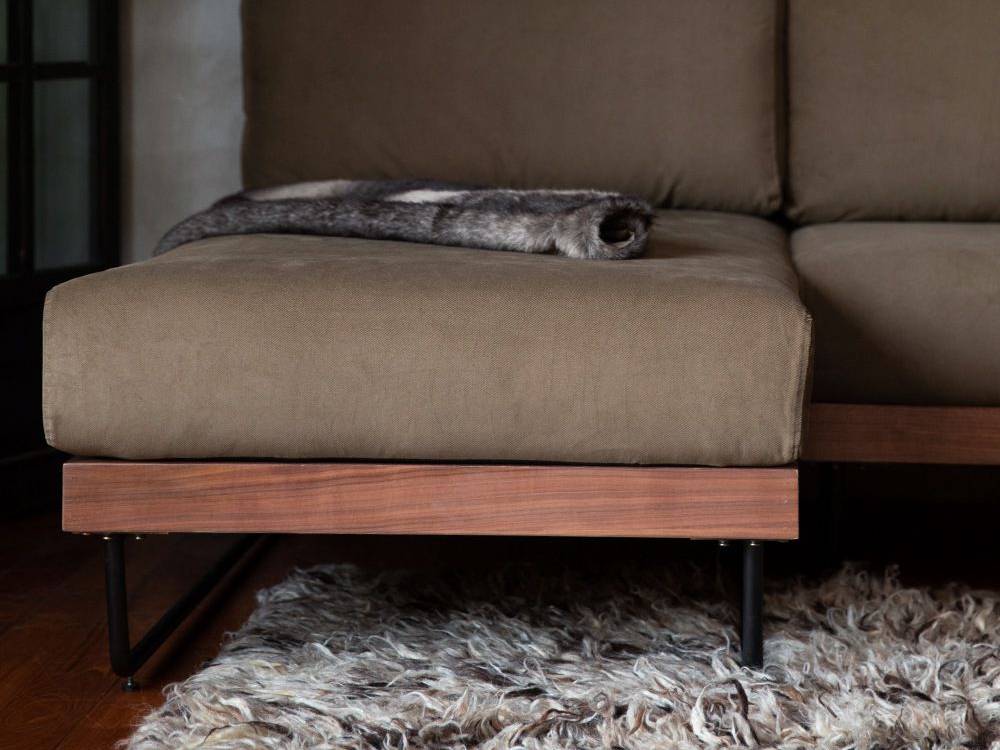 アデペシュの茶色のwelmeカウチソファがリビングルームに置かれたインテリア