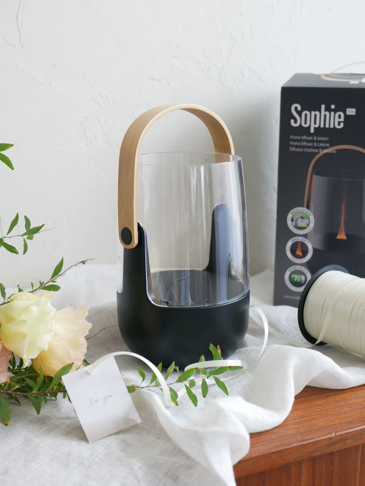 スタドラフォームの炎がゆらめくアロマディフューザーSOPHIEが、ボトル、ケトル、観葉植物、ランタンと共にテーブルに配置されている室内