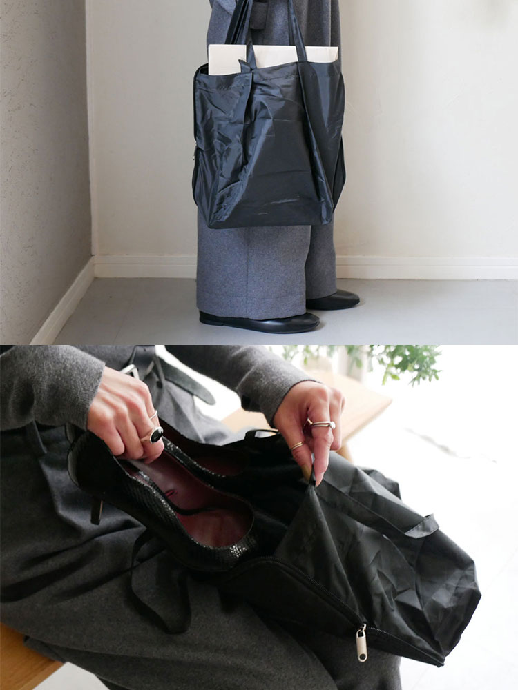 Hinata Lifeの足がキレイに見える携帯スリッポンと、ショルダーストラップ付きのショッピングバッグやバックパックなど複数の持ち運び用バッグが並んだ画像