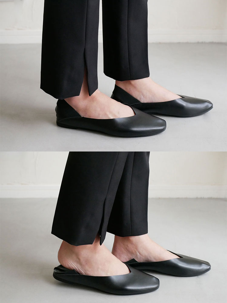 Hinata Lifeの足がキレイに見える携帯スリッポン。レザー製のバレエフラットで、足首まで覆うデザイン。