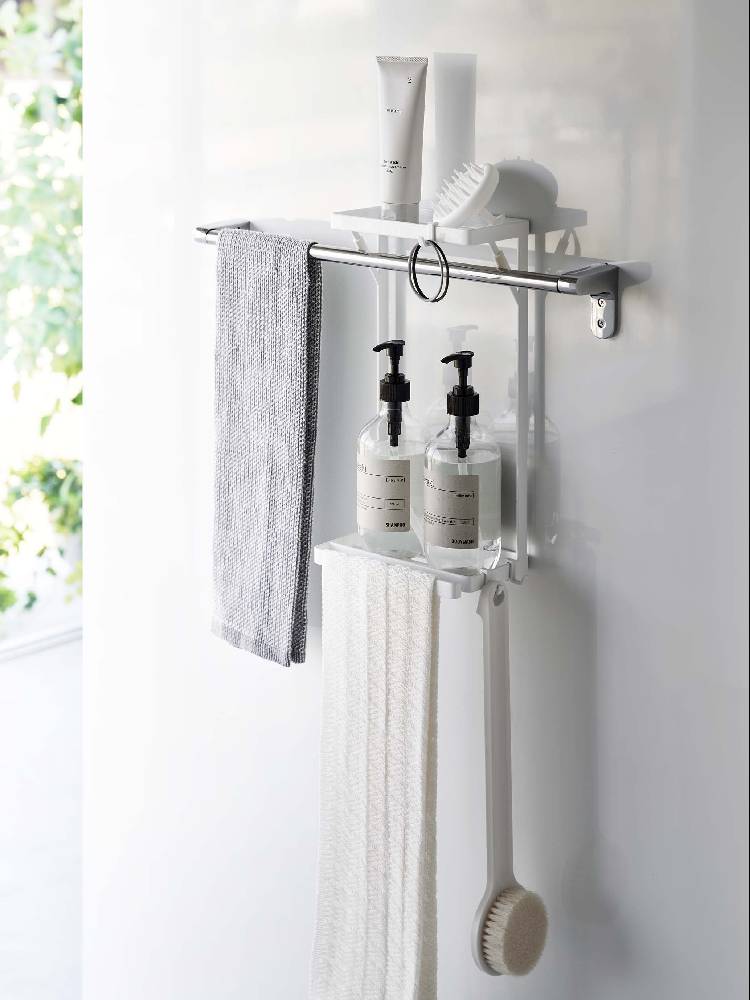 浴室用スチール製2段タオル掛け上ラック。タオルホルダーと歯ブラシホルダーが備えられ、壁に設置されています。ホワイトとブラックの選択肢あり。