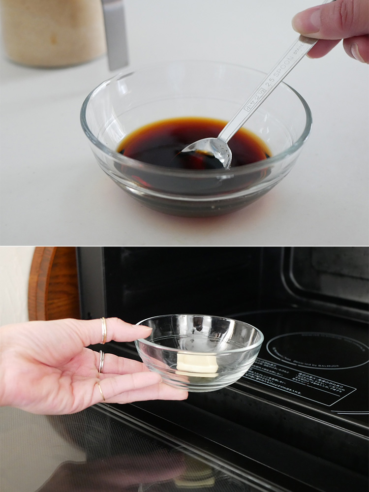 DURALEXデュラレックスの全面物理強化ガラスリスボウルに醤油や調味料が入っているキッチンテーブルの風景