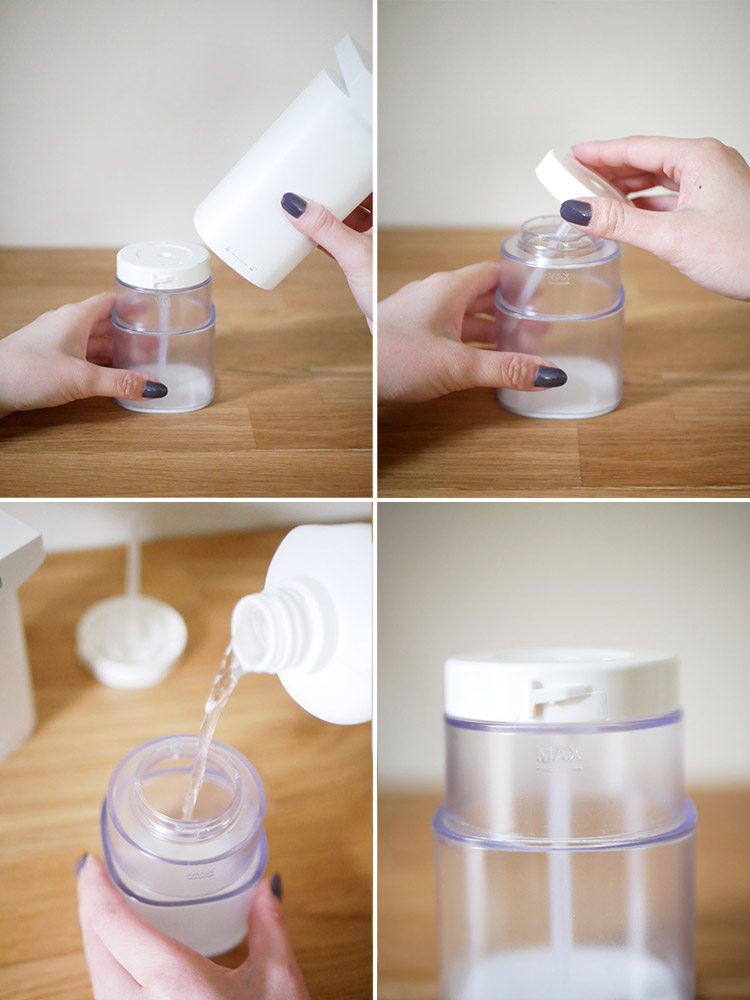 プラスチック製のアルコールオートディスペンサーと蓋付きボトルの画像