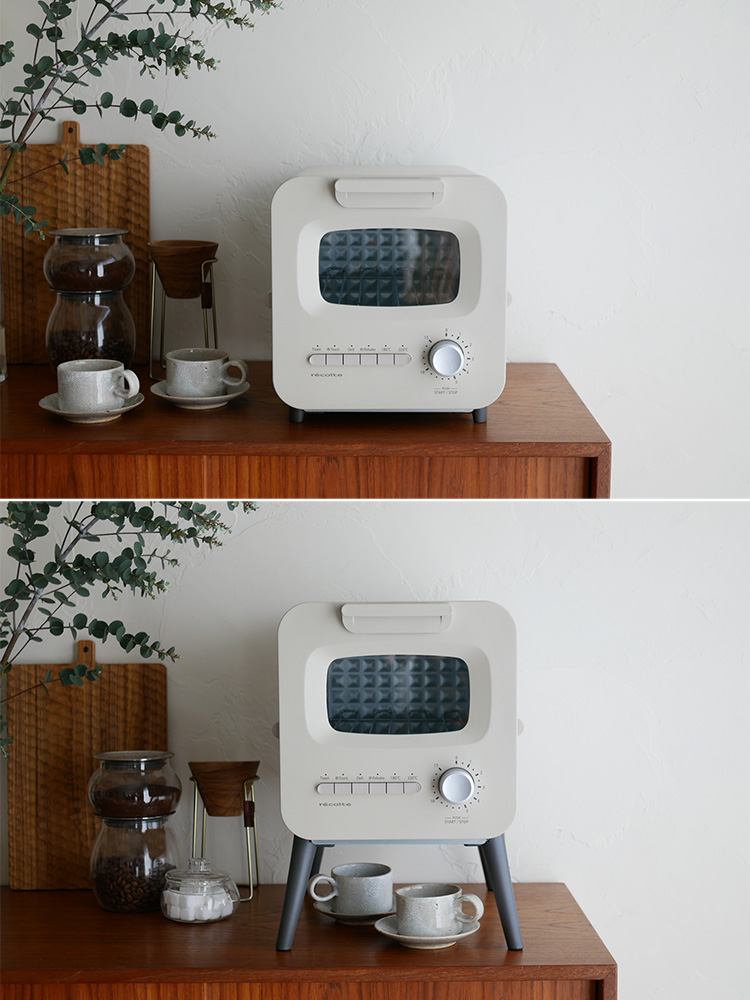 クリームホワイトのレコルト スライドラックトースター本体とスライドラックがセットになったモダンなキッチン家電