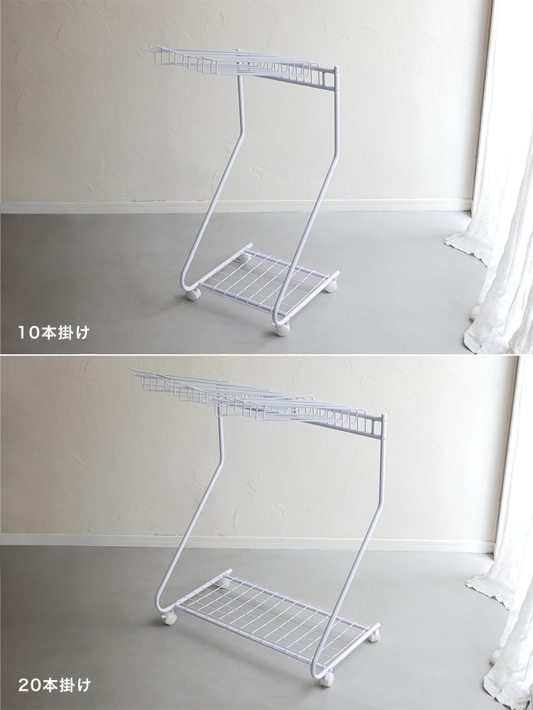 ビーワースセレクションのスラックスハンガー ハイタイプ、10本掛けおよび20本掛けのスチール製衣類収納ラックに網棚付き