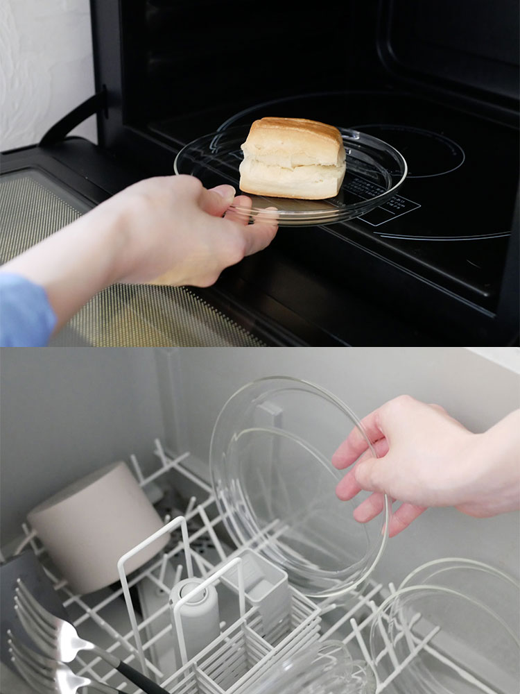 ドイツ製ホウケイ酸ガラスのTrendglas-Jenaトレンドグラス イエナ Glass Plateが、小、中、大の各サイズでキッチンに並べられている様子