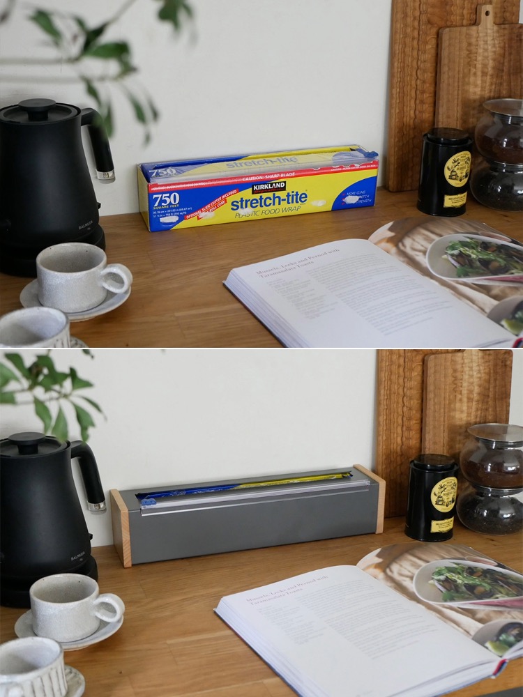 ideaco（イデアコ）の魅せるコストコ大容量ラップケース、サンドホワイト色の木製ボックス