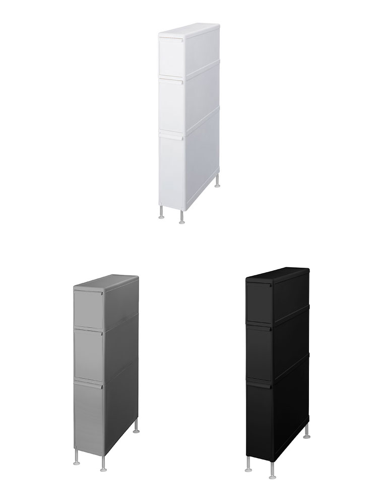 オールグレーのアジャスター付きスリムストッカー、複数の引き出しを備えた収納キャビネット