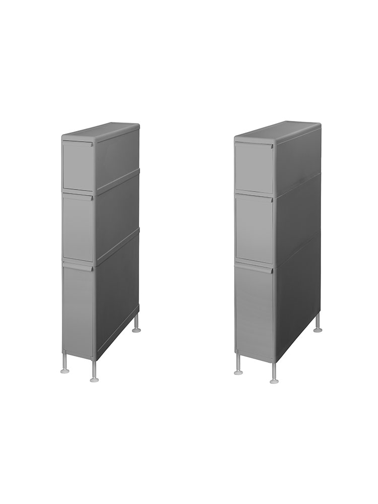 オールグレーのアジャスター付きスリムストッカー。複数の引き出しと棚を備えたメタル製の収納キャビネット