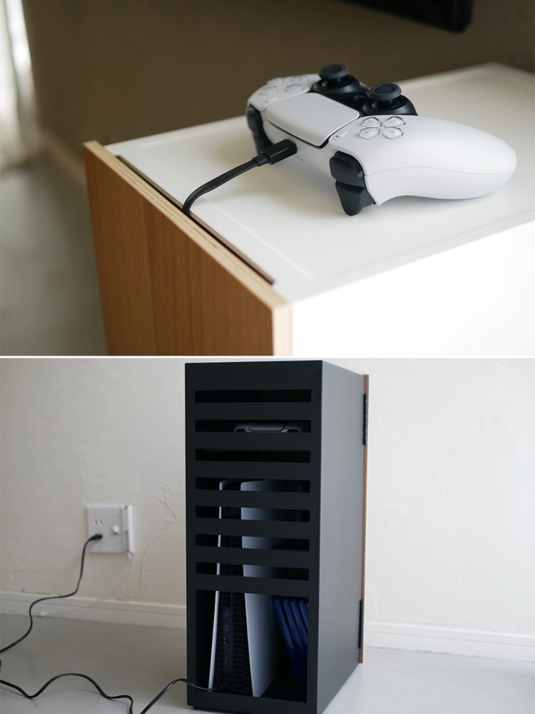 タワーデザインのゲーム機収納ラック「タワー」。スチール製で白または黒色、複数のスライド棚が備わった収納ユニット