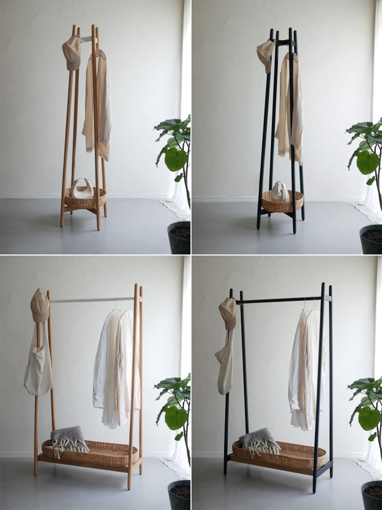 ホワイトカラーのオーク無垢材とラタンバスケットをあしらったコートハンガー