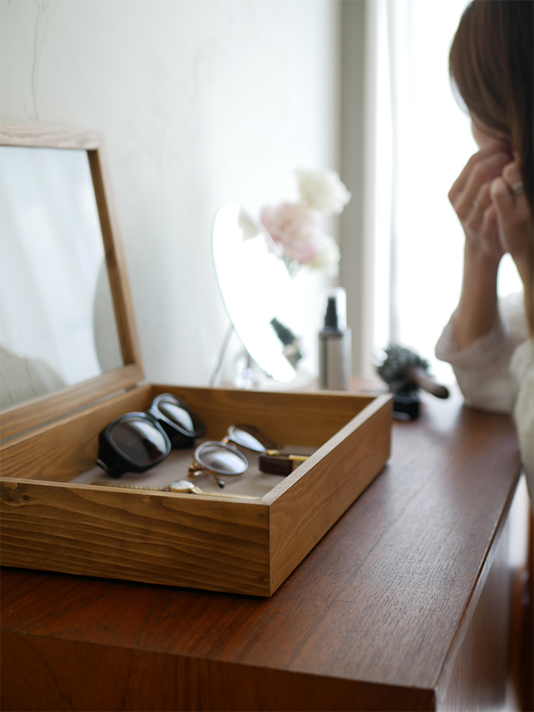 クレエのパイン材とガラス製スタッキングジュエリーボックス