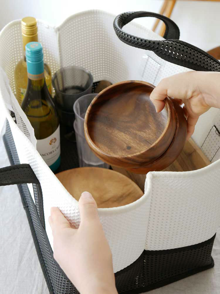 天然アカシア材で作られたメッシュ付きピクニック用収納バスケット