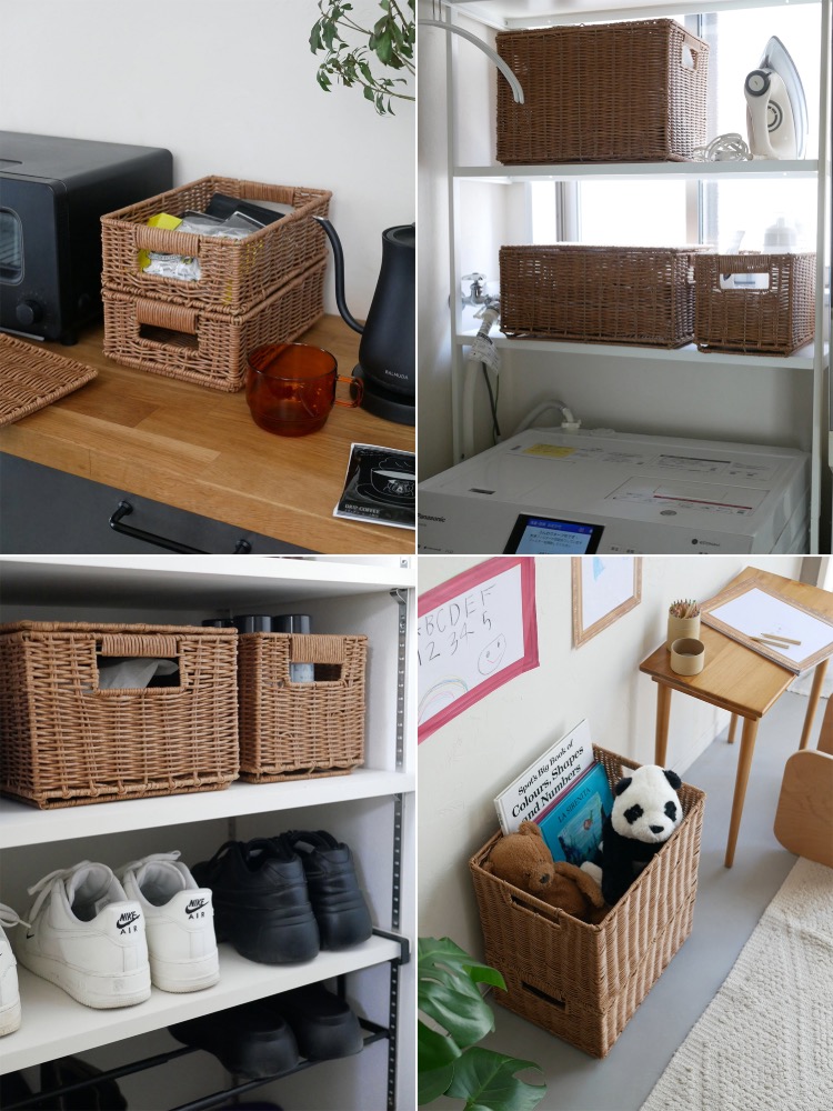 ブラウン色の洗えて隠せるスタッキングバスケットが木製の棚に並べられ、花鉢と観葉植物が配置された室内の様子
