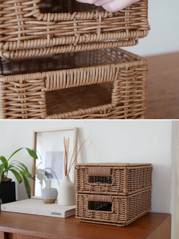 ブラウン色のポリエチレンとアイアン製、洗えて隠せるTowc/トークのスタッキングバスケット