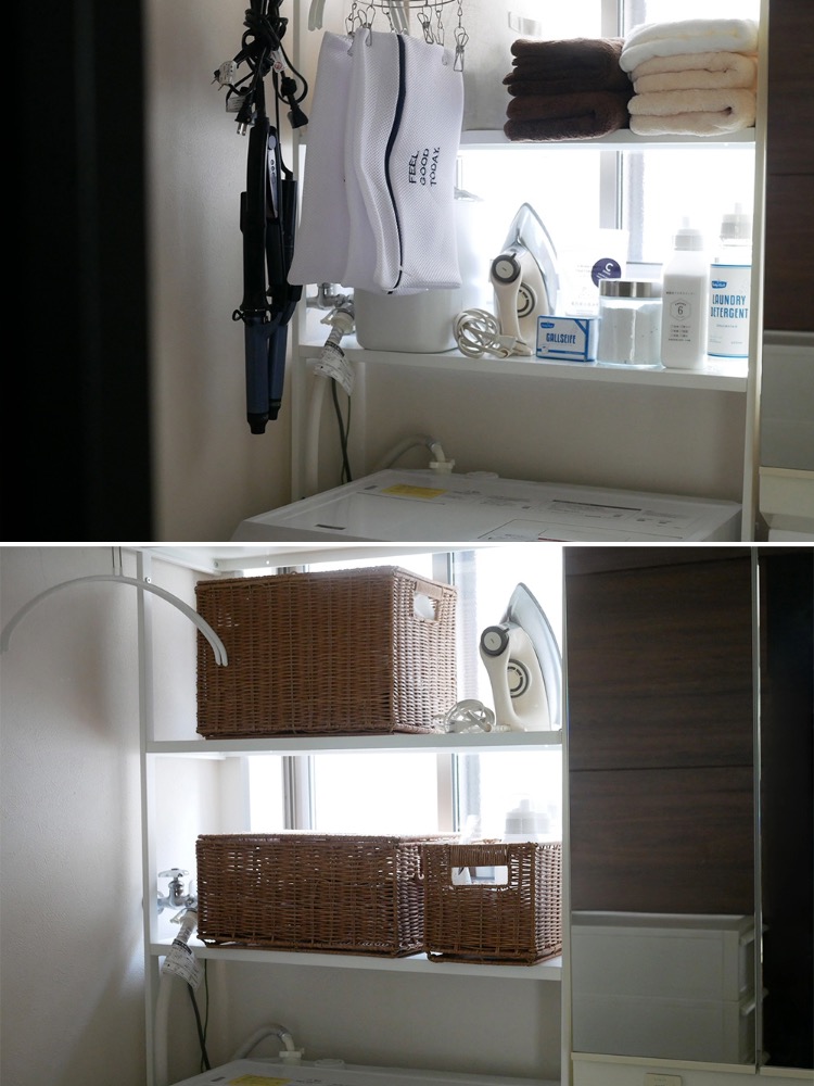 ブラウンの洗えて隠せるスタッキングバスケットが収納棚に積み重ねられたインテリアの室内