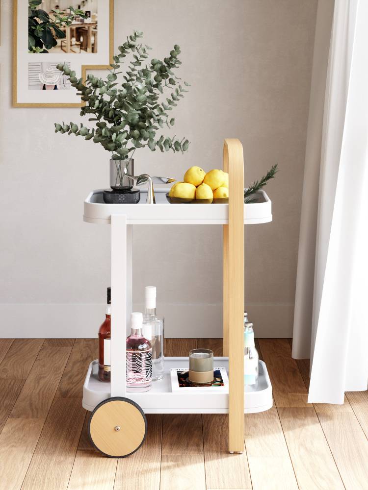 キッチンに置かれた【Umbra/アンブラ】ベルウッド サービングカート。ボトルや花鉢、キッチン家電、調理器具が並んでいる。