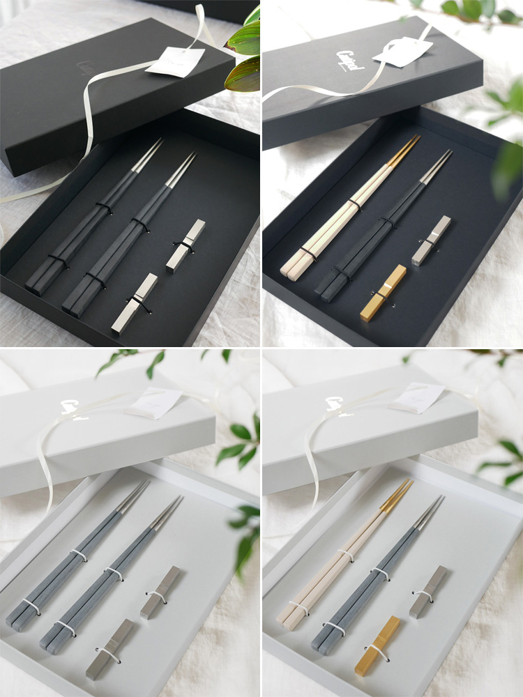 クチポールKUBEのブラックシルバー箸セット。天然樹脂と18-10ステンレス製の箸1膳と箸置き1個がセットになっています。