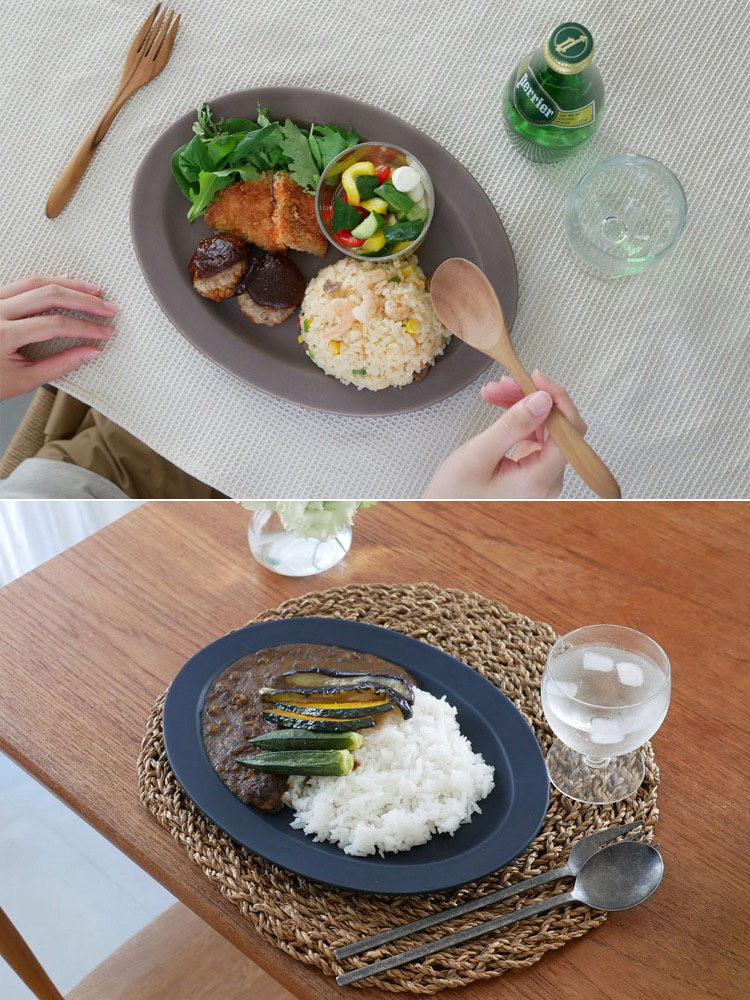 SAKUZANサクザン Saraオーバルプレートに白ごはんと野菜が盛られた食卓のセッティング