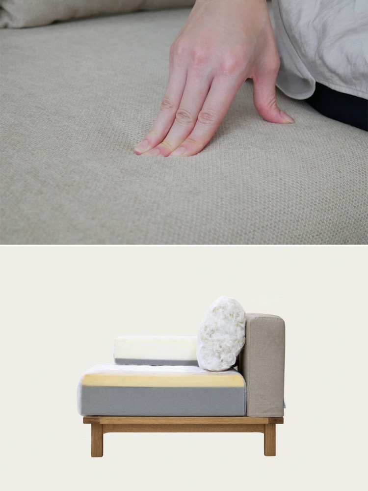 SIEVE/シーブのゆったり座れるレクトユニットソファーがリビングルームに配置され、ファブリック張地と豊富なクッションで快適な空間を提供しています。