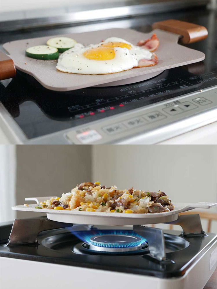 ドクターハウズのアルミ製セラミックコーティングソリッドミニグリルパンと木製ハンドルのセット