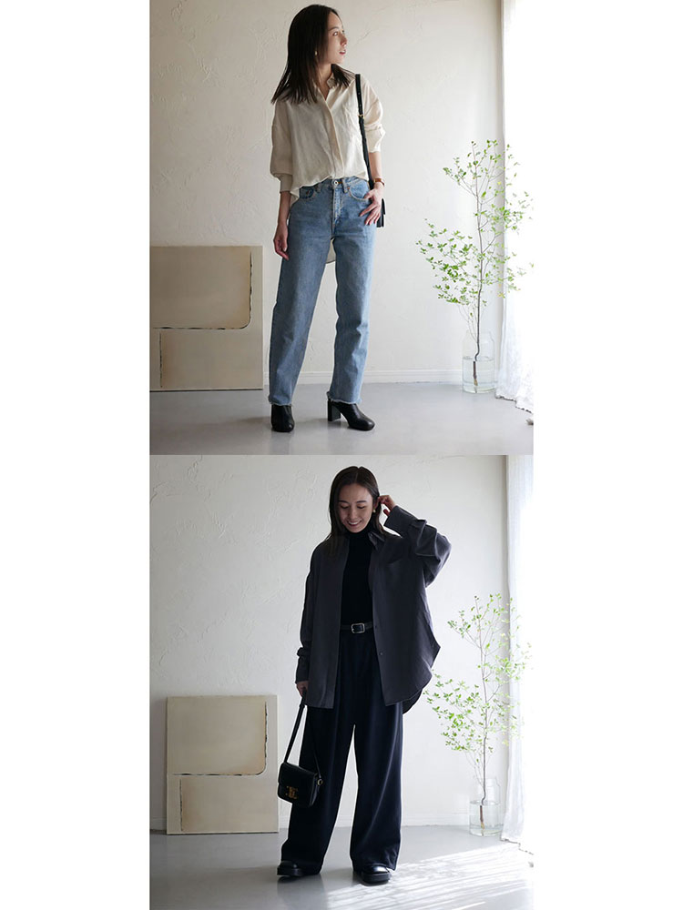 グレーのデニム素材を使用した「Comore sun」の大人カジュアルシャツ。襟元、袖、ポケットがデザインされたスタイリッシュな一枚