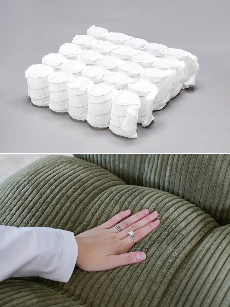 自然素材を使用したピグレットのソファーみたいな座椅子がリビングルームに配置されている様子