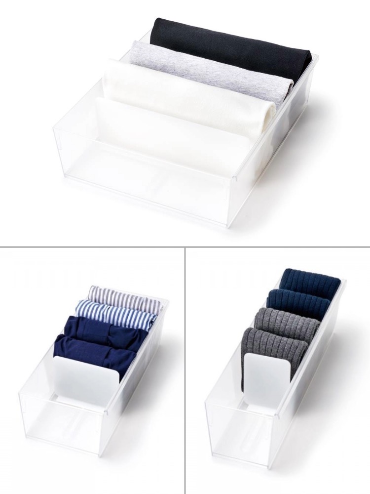 like-it/ライクイットの連結可能なスチロール樹脂製収納ケースが引き出し内に整然と配置されている様子